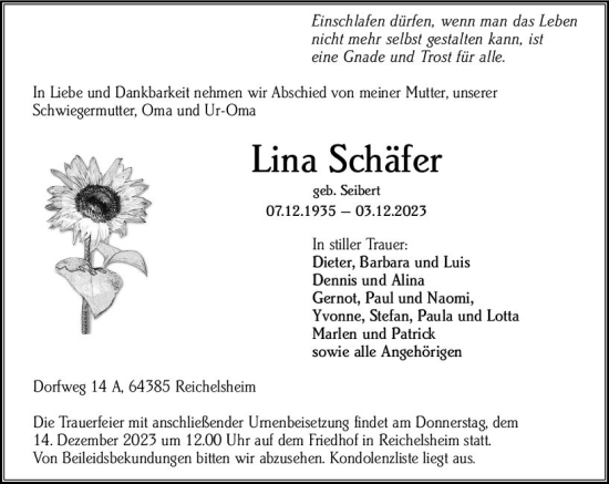 Traueranzeige von Lina Schäfer von Odenwälder Echo