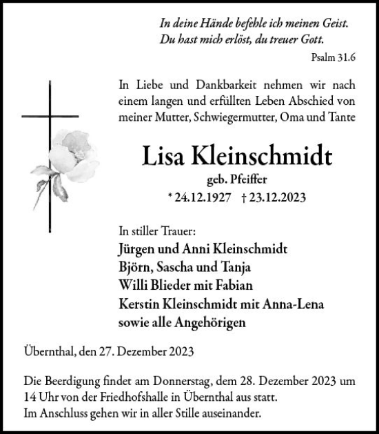 Traueranzeige von Lisa Kleinschmidt von Dill Block