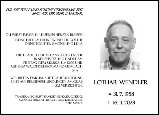 Traueranzeige von Lothar Wendler von Allgemeine Zeitung Mainz