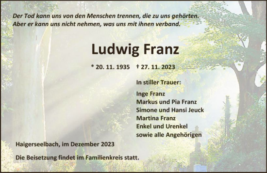 Traueranzeige von Ludwig Franz von Dill Block