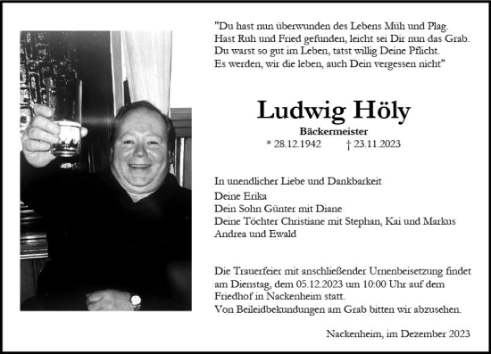 Traueranzeige von Ludwig Höly von Allgemeine Zeitung Mainz