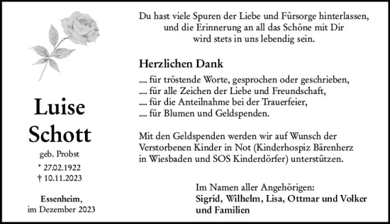 Traueranzeige von Luise Schott von Allgemeine Zeitung Mainz