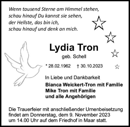 Traueranzeige von Lydia Tron von VRM Trauer