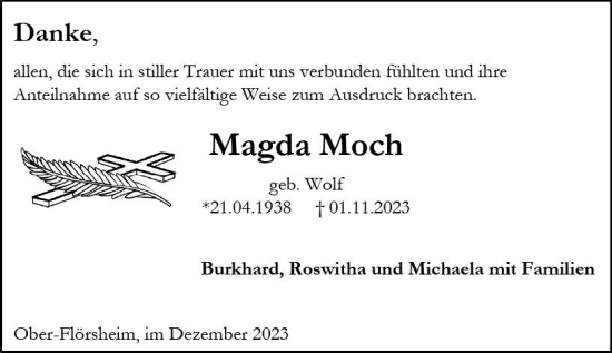 Traueranzeige von Magda Moch von Allgemeine Zeitung Alzey