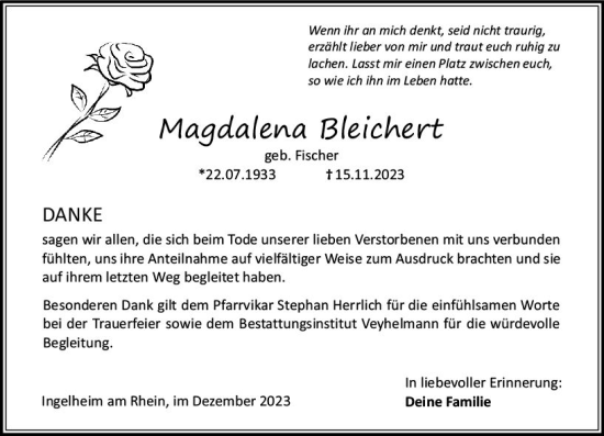 Traueranzeige von Magdalena Bleichert von Allgemeine Zeitung Bingen/Ingelheim