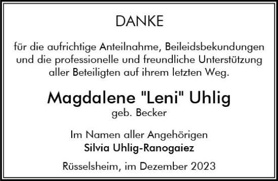 Traueranzeige von Magdalene  Uhlig von Rüsselsheimer Echo