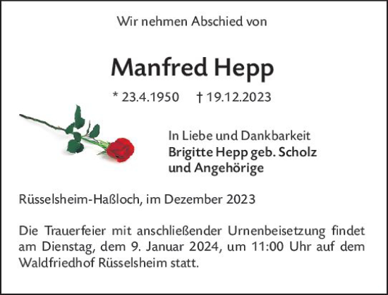 Traueranzeige von Manfred Hepp von Rüsselsheimer Echo