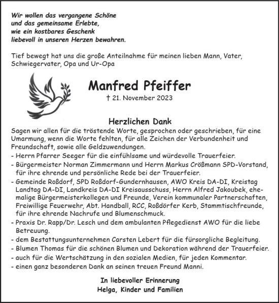 Traueranzeige von Manfred Pfeiffer von Darmstädter Echo