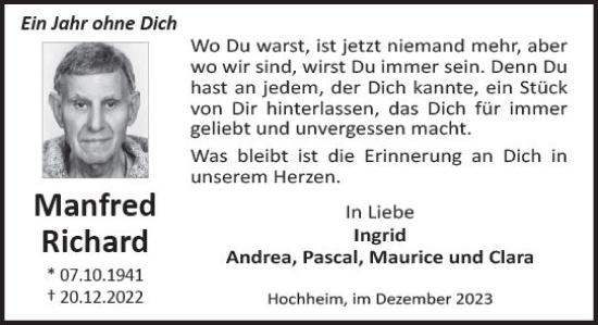 Traueranzeige von Manfred Richard von Hochheimer Zeitung