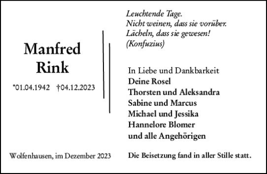 Traueranzeige von Manfred Rink von Weilburger Tageblatt