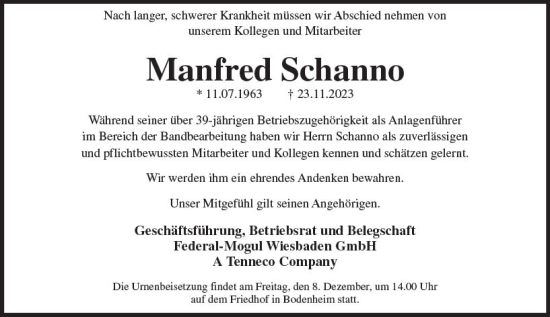 Traueranzeige von Manfred Schanno von Wiesbadener Kurier