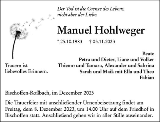 Traueranzeige von Manuel Hohlweger von Dill Block