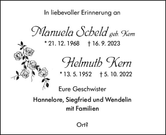 Traueranzeige von Manuela Scheld von Hinterländer Anzeiger