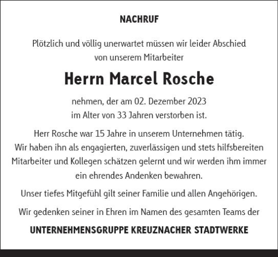 Traueranzeige von Marcel Rosche von Allgemeine Zeitung Bad Kreuznach