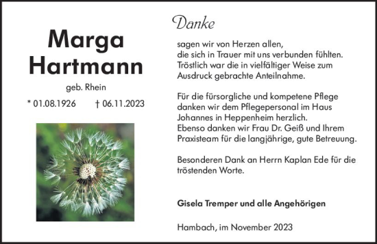 Traueranzeige von Marga Hartmann von Starkenburger Echo