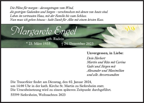 Traueranzeige von Margarete Engel von Allgemeine Zeitung Alzey
