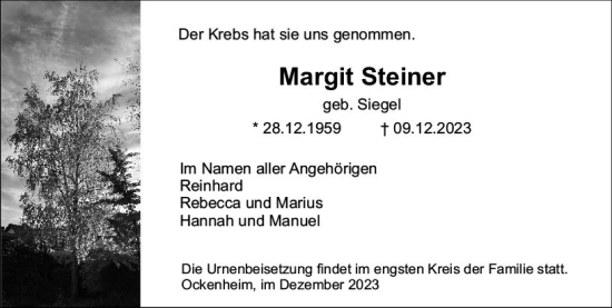 Traueranzeige von Margit Steiner von Allgemeine Zeitung Bingen/Ingelheim