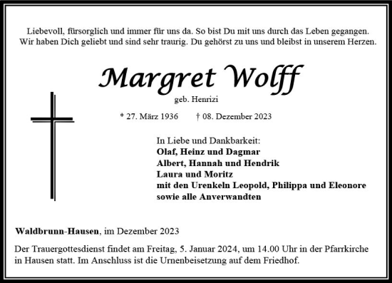 Traueranzeige von Margret Wolff von Nassauische Neue Presse