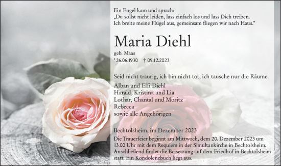 Traueranzeige von Maria Diehl von Allgemeine Zeitung Alzey