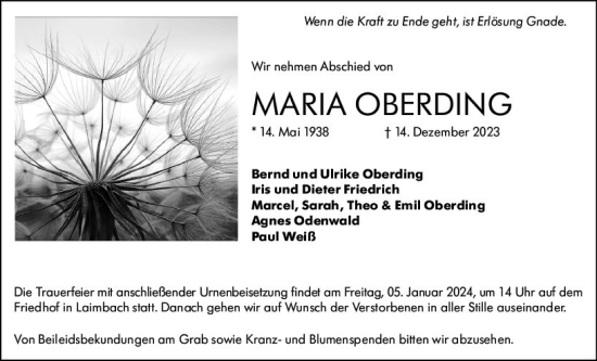 Traueranzeige von Maria Oberding von Weilburger Tageblatt