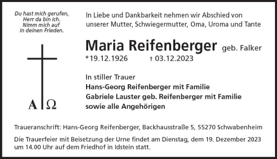 Traueranzeige von Maria Reifenberger von Wiesbadener Kurier