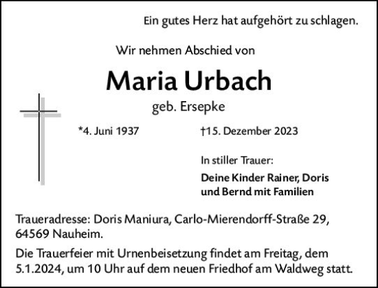 Traueranzeige von Maria Urbach von Rüsselsheimer Echo