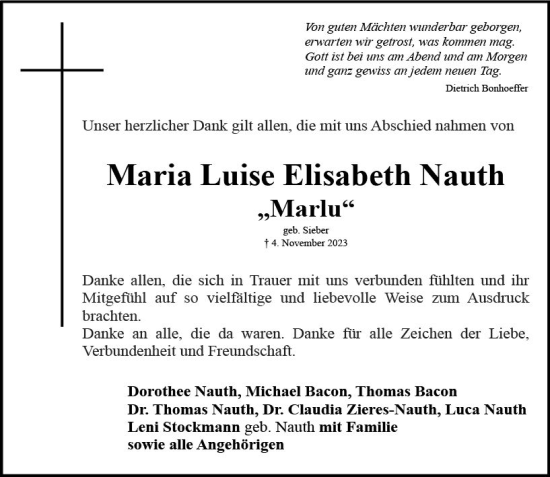 Traueranzeige von Maria Luise Elisabeth Nauth von Wormser Zeitung