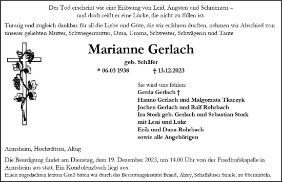 Traueranzeige von Marianne Gerlach von Allgemeine Zeitung Bad Kreuznach