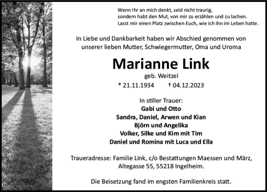 Traueranzeige von Marianne Link von Allgemeine Zeitung Bingen/Ingelheim