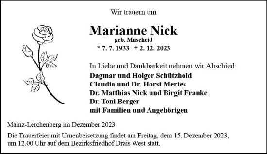Traueranzeige von Marianne Nick von Allgemeine Zeitung Mainz