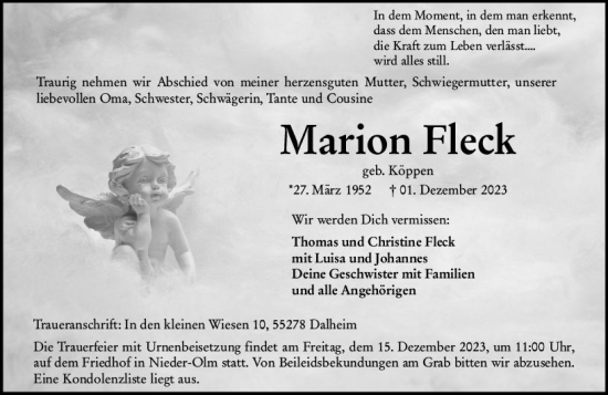 Traueranzeige von Marion Fleck von Allgemeine Zeitung Mainz