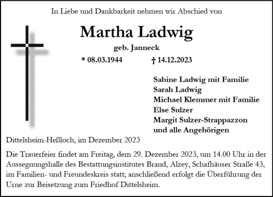 Traueranzeige von Martha Ladwig von Wormser Zeitung