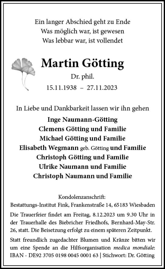 Traueranzeige von Martin Götting von Wiesbadener Kurier
