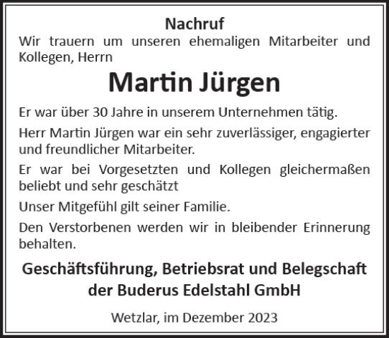 Traueranzeige von Martin Jürgen von Wetzlarer Neue Zeitung