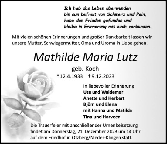 Traueranzeige von Mathilde Maria Lutz von Odenwälder Echo