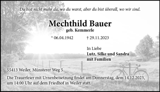 Traueranzeige von Mechthild Bauer von Allgemeine Zeitung Bingen/Ingelheim