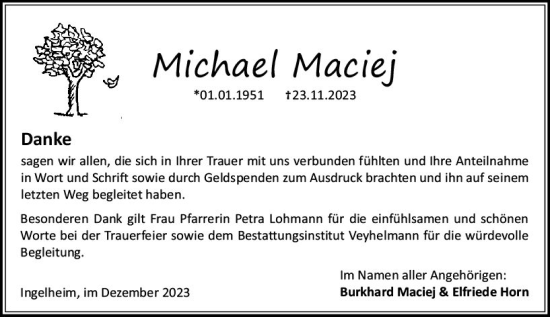 Traueranzeige von Michael Maciej von Allgemeine Zeitung Bingen/Ingelheim