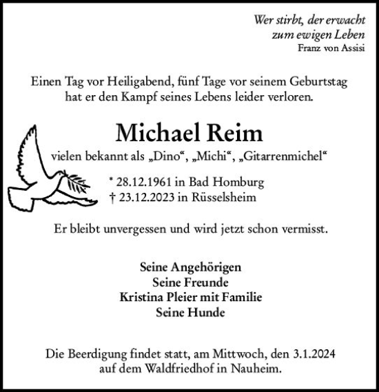 Traueranzeige von Michael Reim von Rüsselsheimer Echo
