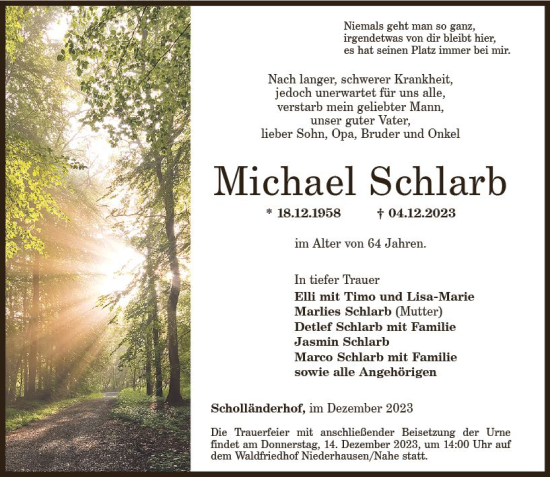 Traueranzeige von Michael Schlarb von Allgemeine Zeitung Bad Kreuznach