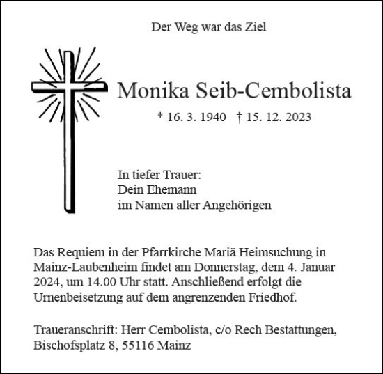 Traueranzeige von Monika Seib-Cembolista von Allgemeine Zeitung Mainz