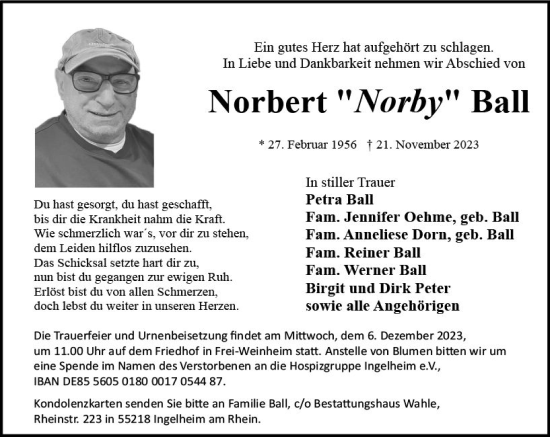Traueranzeige von Norbert  Ball von Allgemeine Zeitung Bingen/Ingelheim