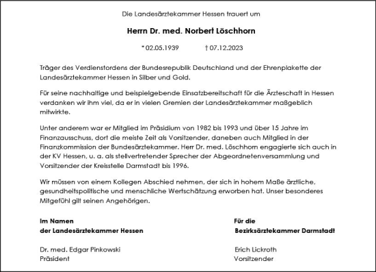 Traueranzeige von Norbert Löschhorn von Darmstädter Echo