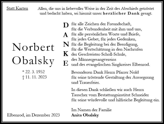 Traueranzeige von Norbert Obalsky von Oberhessen Kurier