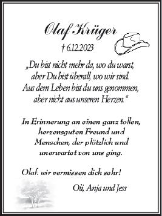 Traueranzeige von Olaf Krüger von Dill Block