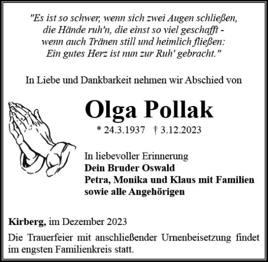 Traueranzeige von Olga Pollak von Camberger Anzeiger