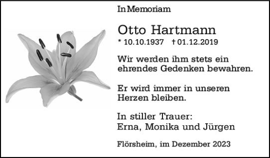 Traueranzeige von Otto Hartmann von Rüsselsheimer Echo