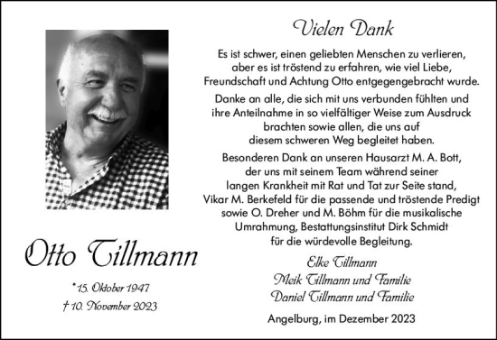 Traueranzeige von Otto Tillmann von Hinterländer Anzeiger