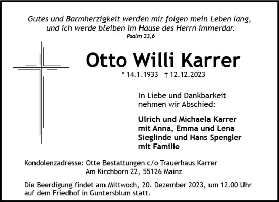 Traueranzeige von Otto Willi Karrer von Allgemeine Zeitung Mainz