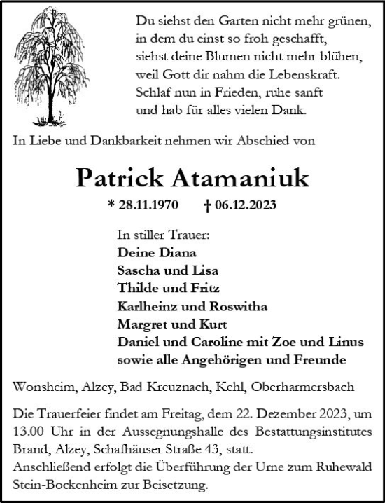 Traueranzeige von Patrick Atamaniuk von Allgemeine Zeitung Alzey