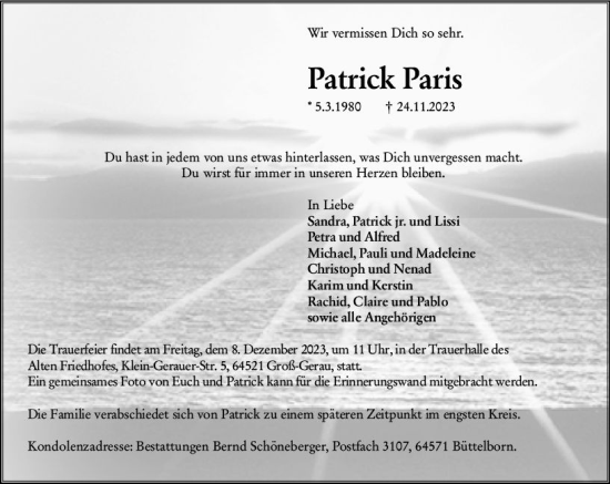 Traueranzeige von Patrick Paris von Groß-Gerauer Echo
